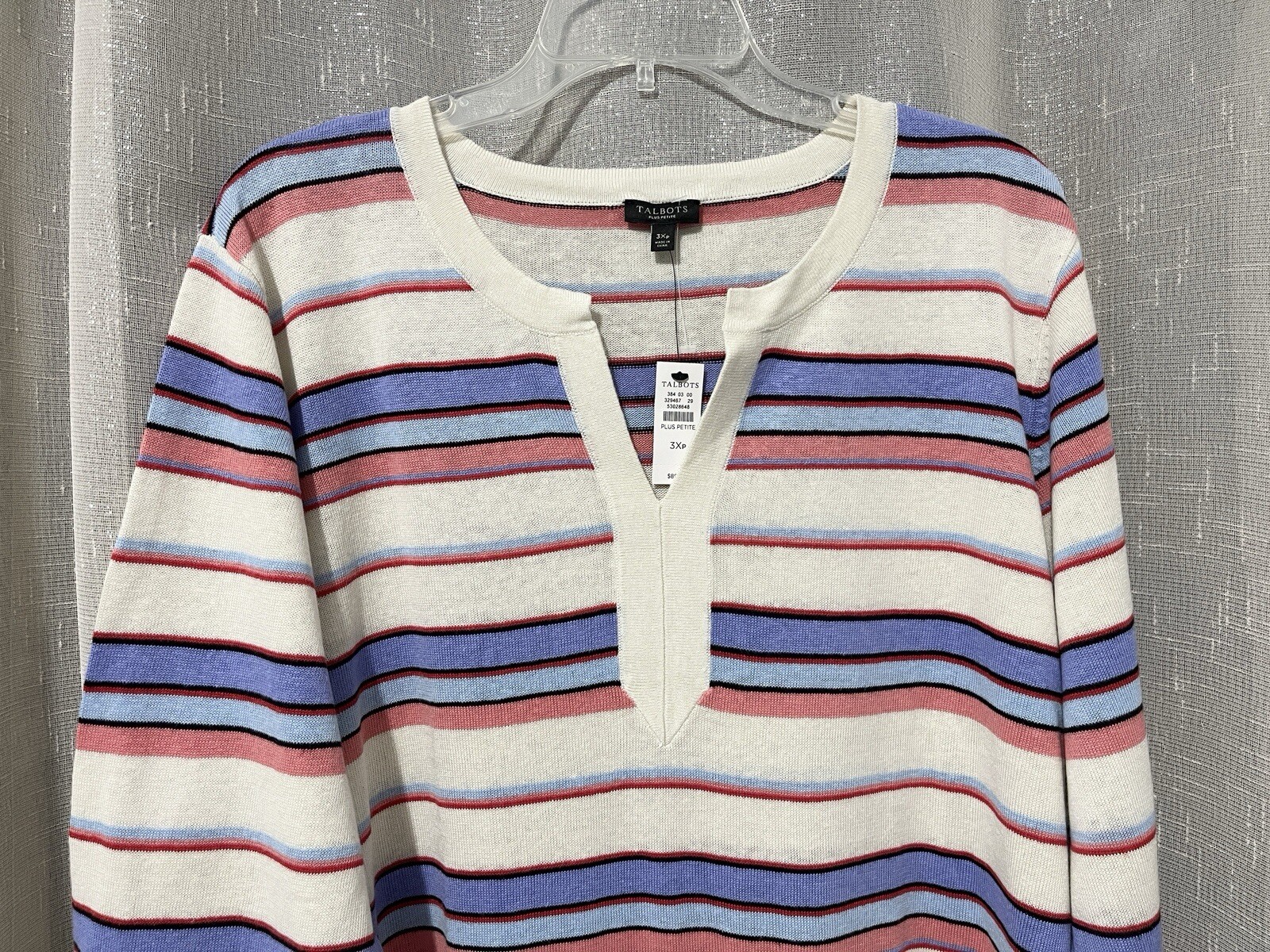 NWT TALBOTS 3X Petite P 3/4 Slv V-Neck Sweater Linen Blend Beige Blue Stripe $89