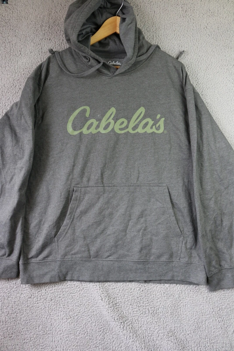 Cabelas Hoodie Gray Pull Over Sweatshirt Men s Adult Large Spell Out Green Words