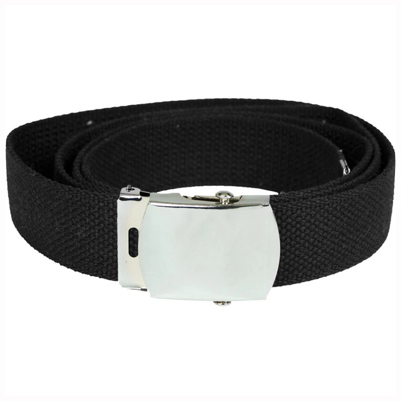 US ARMY MILITARY STYLE WEB WEBBING BELT COTTON CANVAS with SILVER BUCKLE BLACK