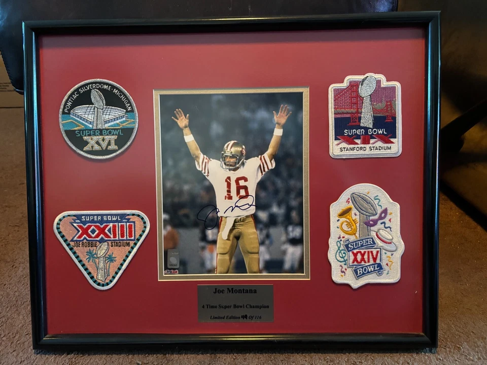 Foto autografiada de Joe Montana enmarcada con cuatro parches del Super Bowl con Montana Holo Foto 4 de 4