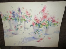 Signed Original Watercolor By Peg Humphreys, Pansies in Pots 20"x 26" 