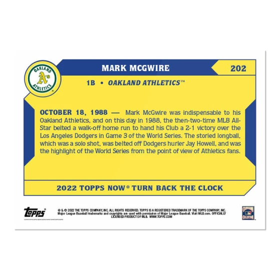 2022 MLB TOPPS NOW Turn Back The Clock #202  MARK MCGWIRE OAKLAND A'S PRESALE - Image 2 of 2