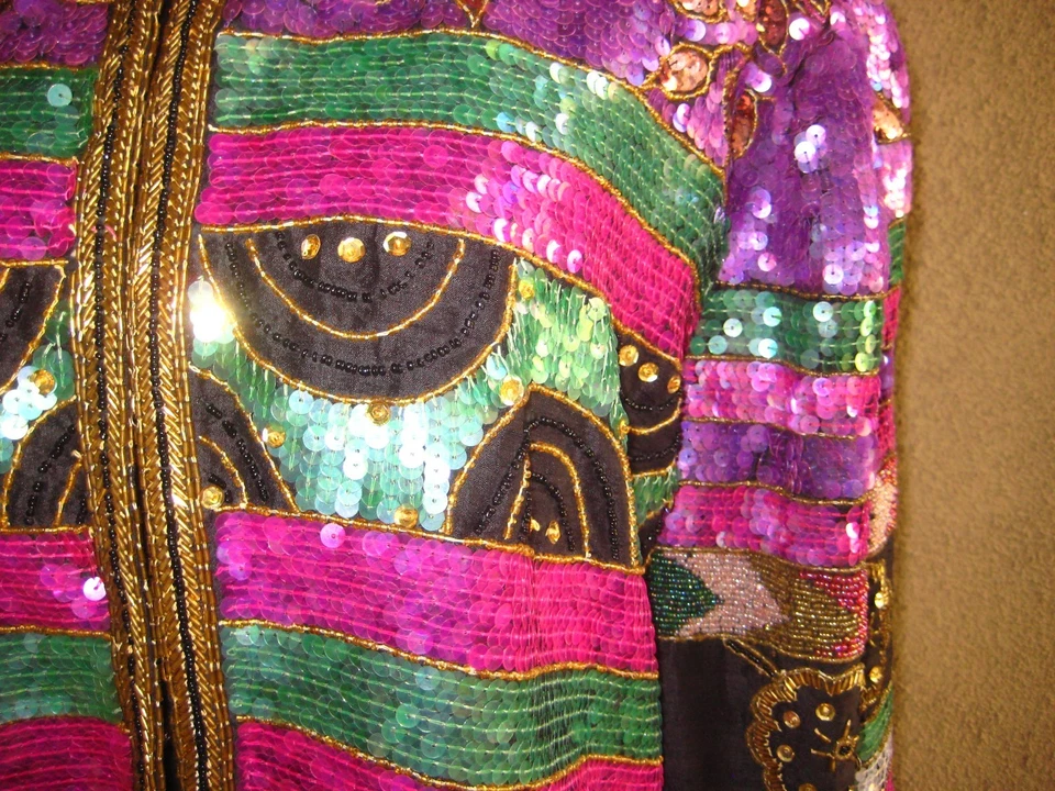 Vintage Laurance Kazar 80s silk sequins beads multicolor cropped lined jacket 3X - Image 4 of 4