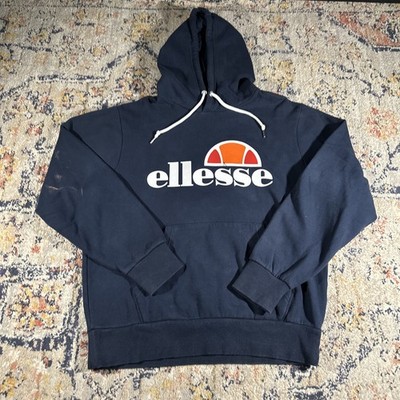 ELLESSE Mens Graphic Hoodie Jumper XL  Navy Blue Cotton Distressed