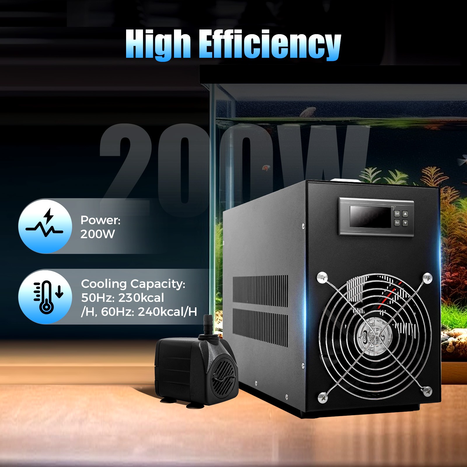 60L Aquarium Chiller Hydroponic Water Chiller 200W 52 Gal Fish Tank Cooler Equip