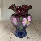 VTG Fenton God Treasures Ruffled Hand Blown Painted Mulberry Ombre Signed Vase