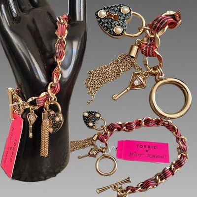 Betsey Johnson Pave Heart Lock & Key Gold Charms Plaid Ribbon Toggle Bracelet