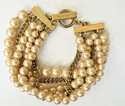 Givenchy 6 Row Multi Strand Gold Tone Chains & Champagne Pearl Bracelet 9 Inch