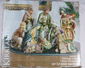 Kirkland's Ceramic Nativity Scene Set Of Nine With Wood Tray