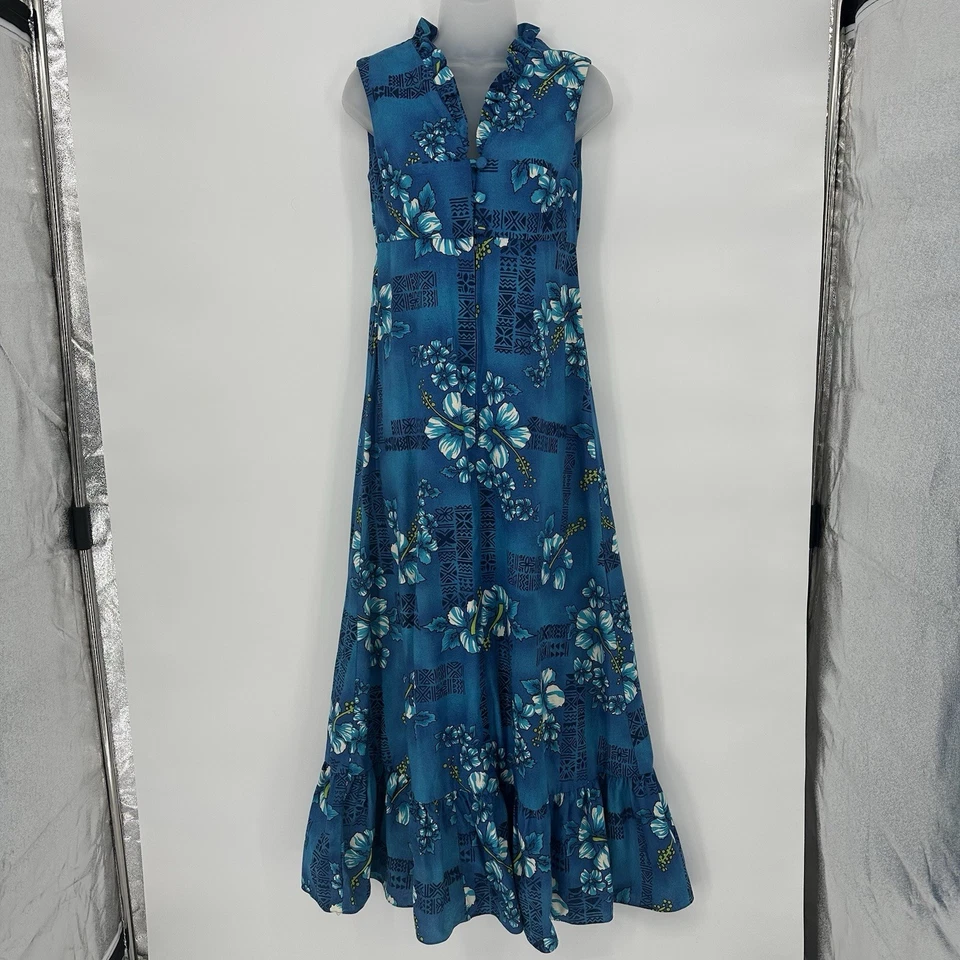 Винтажный 60-х 70-х гавайский макси платье Hukilau моды синий цветочный завышенной талии оборки - Изображение 2 из 4