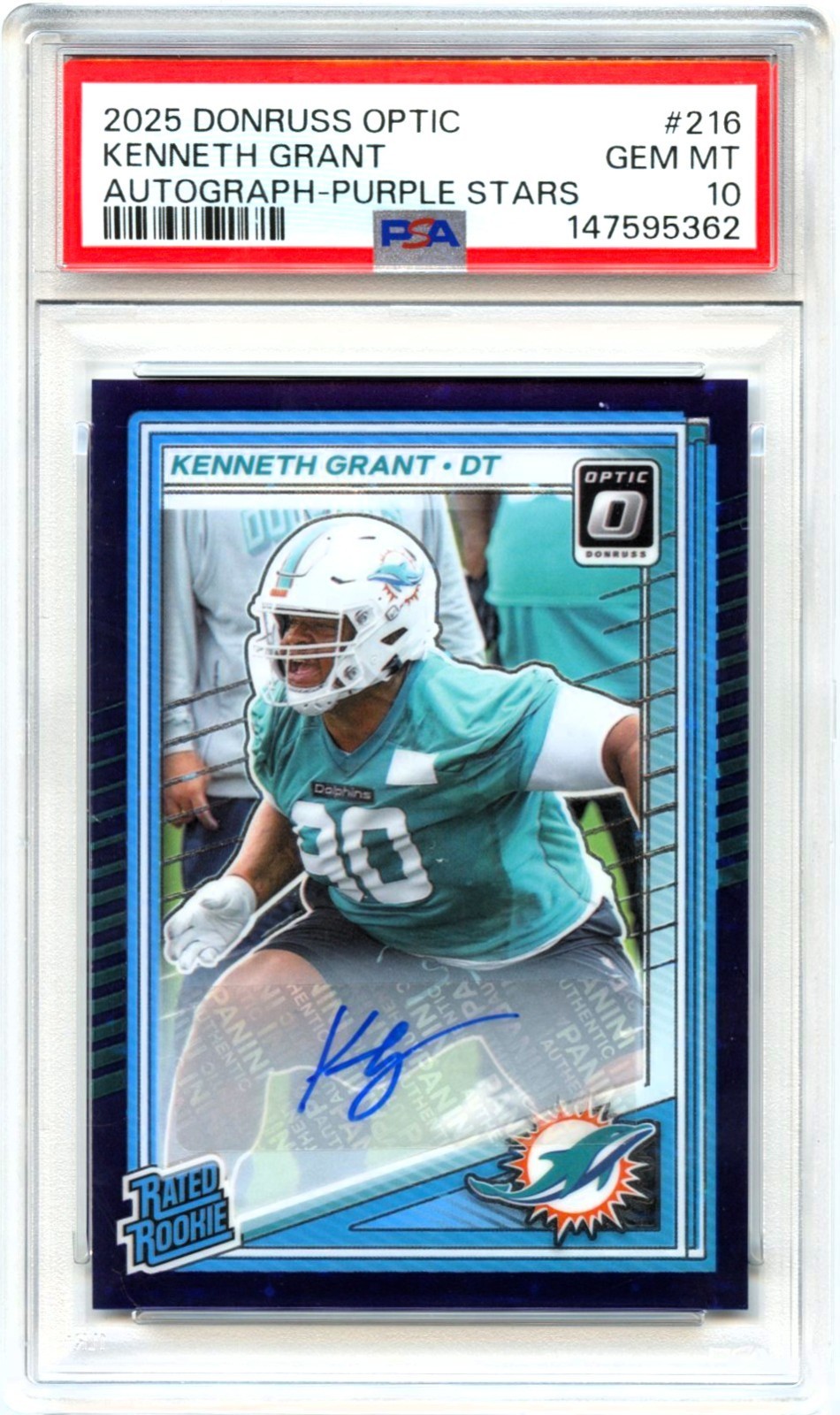 KENNETH GRANT RC 2025 DONRUSS OPTIC PURPLE STARS RATED ROOKIE AUTO 31/42 PSA 10