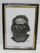 VINTAGE AUSTRALIAN ABORIGINAL MAN LITHOGRAPH FRAMED PORTAIT ARTIST SIGNED