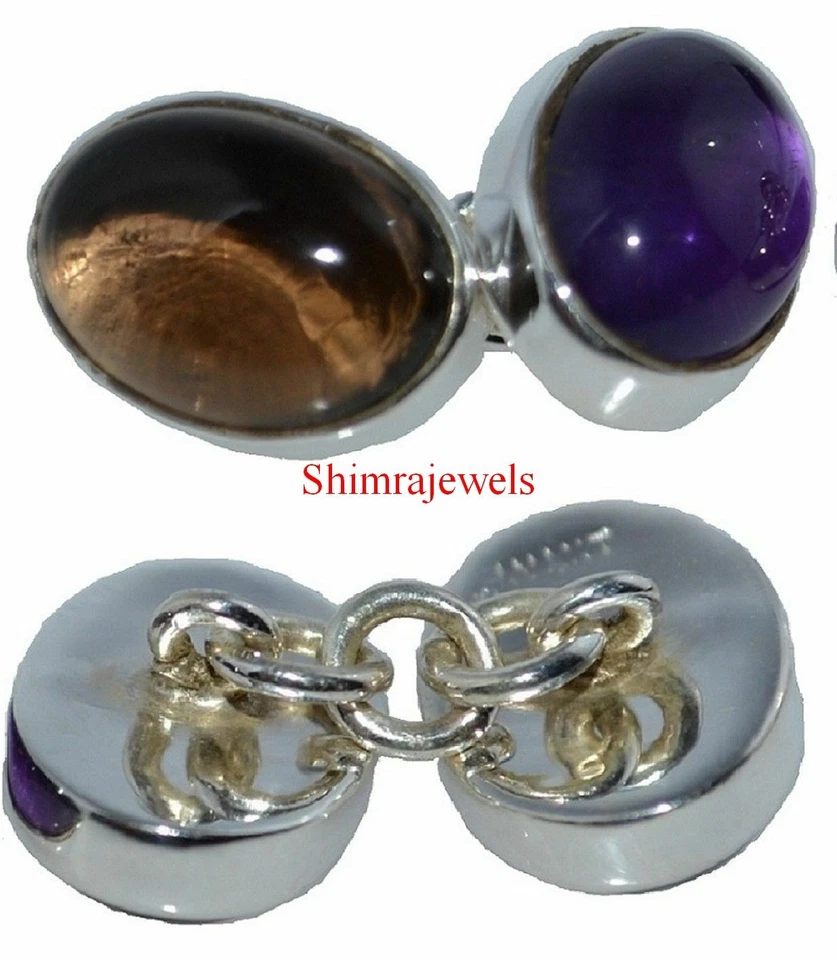 Natural Amethyst & Smoky Quartz With 18K White Gold Plated Silver Cufflinks #75 - Изображение 3 из 4