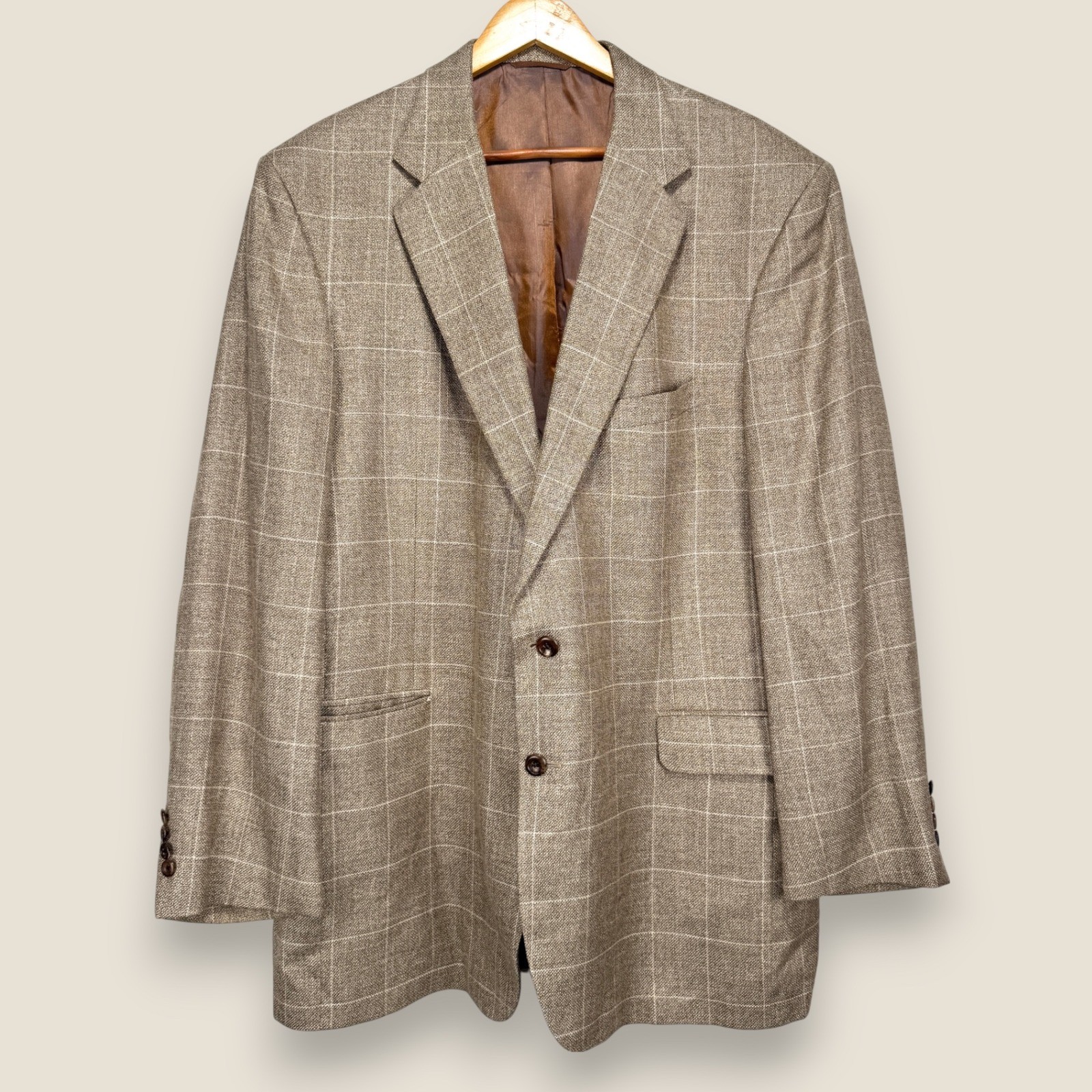Stile Bespoke Blazer Sport Coat Men 46L Beige Plaid 2 Button Italian Wool Jacket