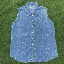VTG Denim Vest 90s Cottage Core Daisy Embroidered Floral Vest Large Read