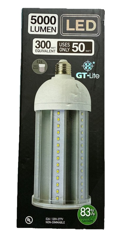 GT-Lite 5,000 Lumen LED Corn Cob Bulb, Uses Only 50W, Daylight 5000K, E26 Base