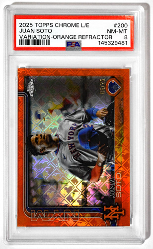 2025 Topps Chrome L/E #200 Juan Soto Logo Variation Orange Refractor /25 PSA 8