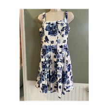 Lauren Ralph Lauren Blue White Floral Fit & Flare Dress 10 Square Neck Zip
