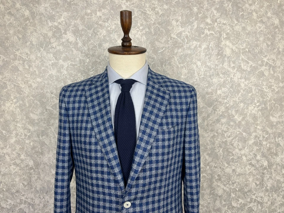 Isaia Napoli Blue White Check 100% Silk Half Lined Handmade Italian Blazer 40 - Image 2 of 4