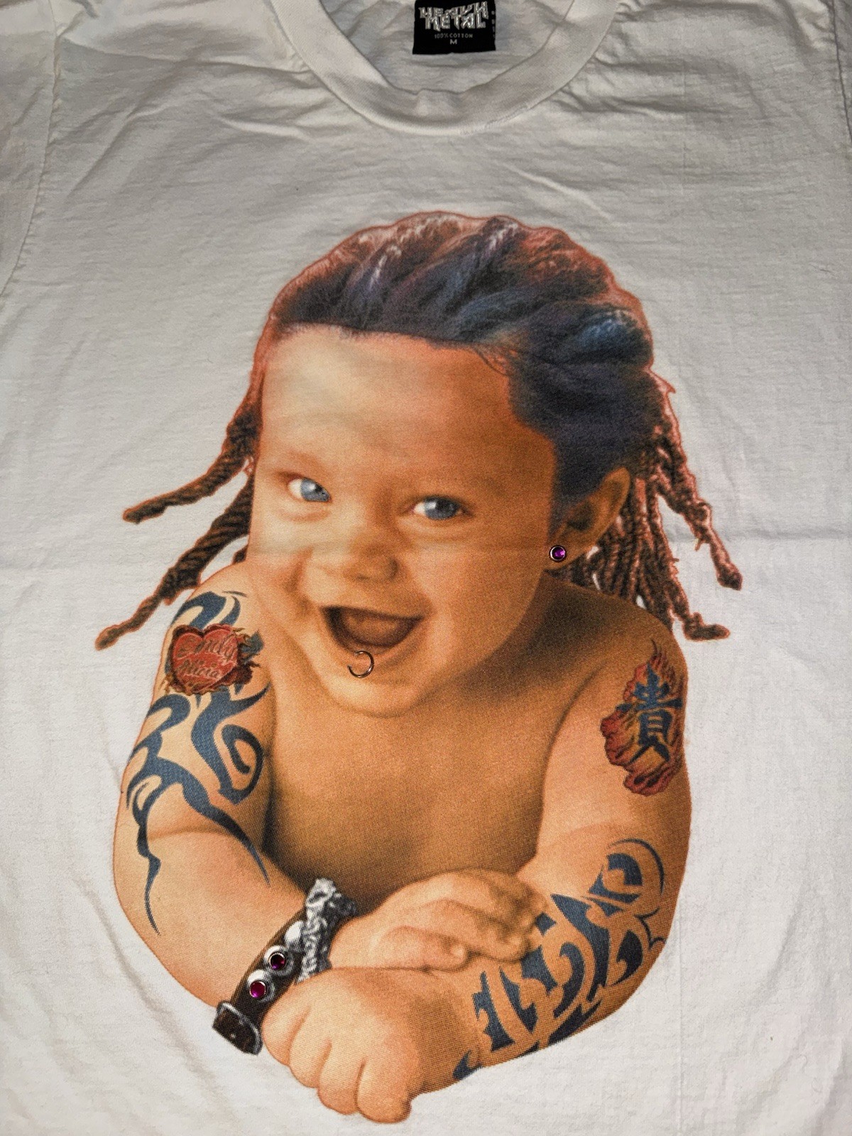 Vintage Pierced Baby T-shirt Womens M White Y2K Heavy Metal Punk Tattoos Graphic image 3