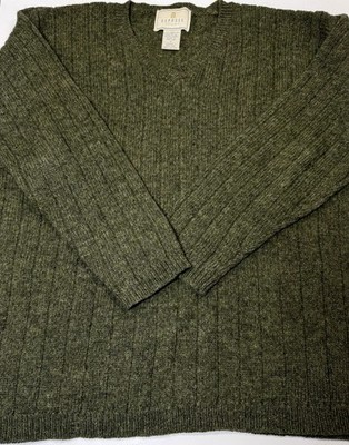 Vintage Express Tricot Shetland Wool Ribbed Pullover Green V-Neck Women Small