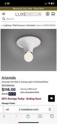3 Artemide TETI  Light Fixtures, Ceiling or Wall Hardwire, Color White, NIB