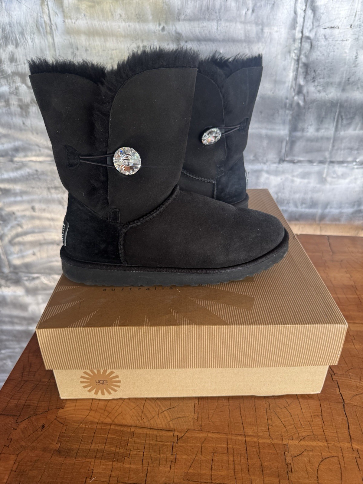 UGG Bailey Button Women's Boots in Black Charm Suede Sheepskin Size 8