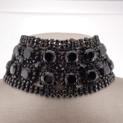 Vtg Rare Bruce Ragsdale Horton Black Rhinestone Wide Runway Necklace Dragon Lady