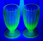 Lot of 2 Vintage Uranium Glass Green 6" Ribbed Vaseline Parfait Goblet Tumblers