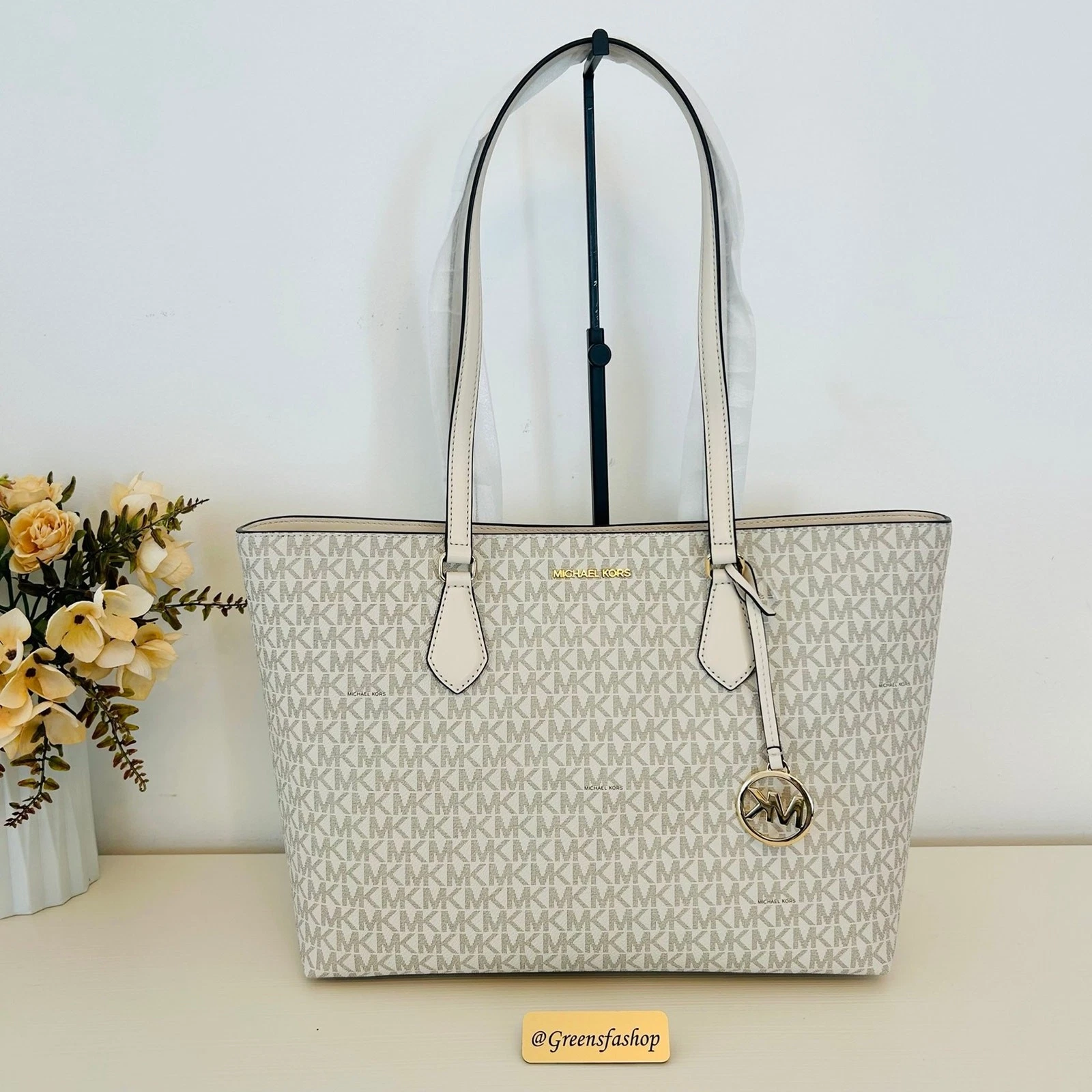 Borsa Michael Kors Sheila grande firmata logo tote bag LT crema MK