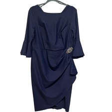 Alex Evenings Dress Womens 14W Navy Blue Cocktail Wedding Formal Draped Evening