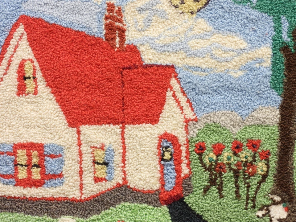 Antique Grenfell Style Quebec House and Dog Miniature Hooked Rug - Framed! - Image 2 of 4