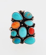 Navajo Handmade Sterling Silver with Turquoise, Coral and Shell Ring Size 5