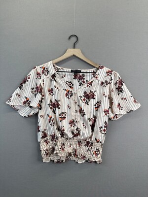 Moa Moa Women Pink Blouse Floral Striped Short Sleeve Button Down V-Neck Size M''
