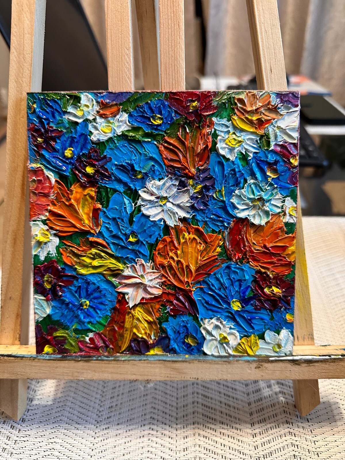 Oil Painting Red Roses Floral Art on Panel 3 D Impasto Image 15x15 cm 6x6 inches