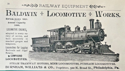 Baldwin Lokomotive Arbeit Vintage Druck Werbung Burnham William Train Philadelphia 1894