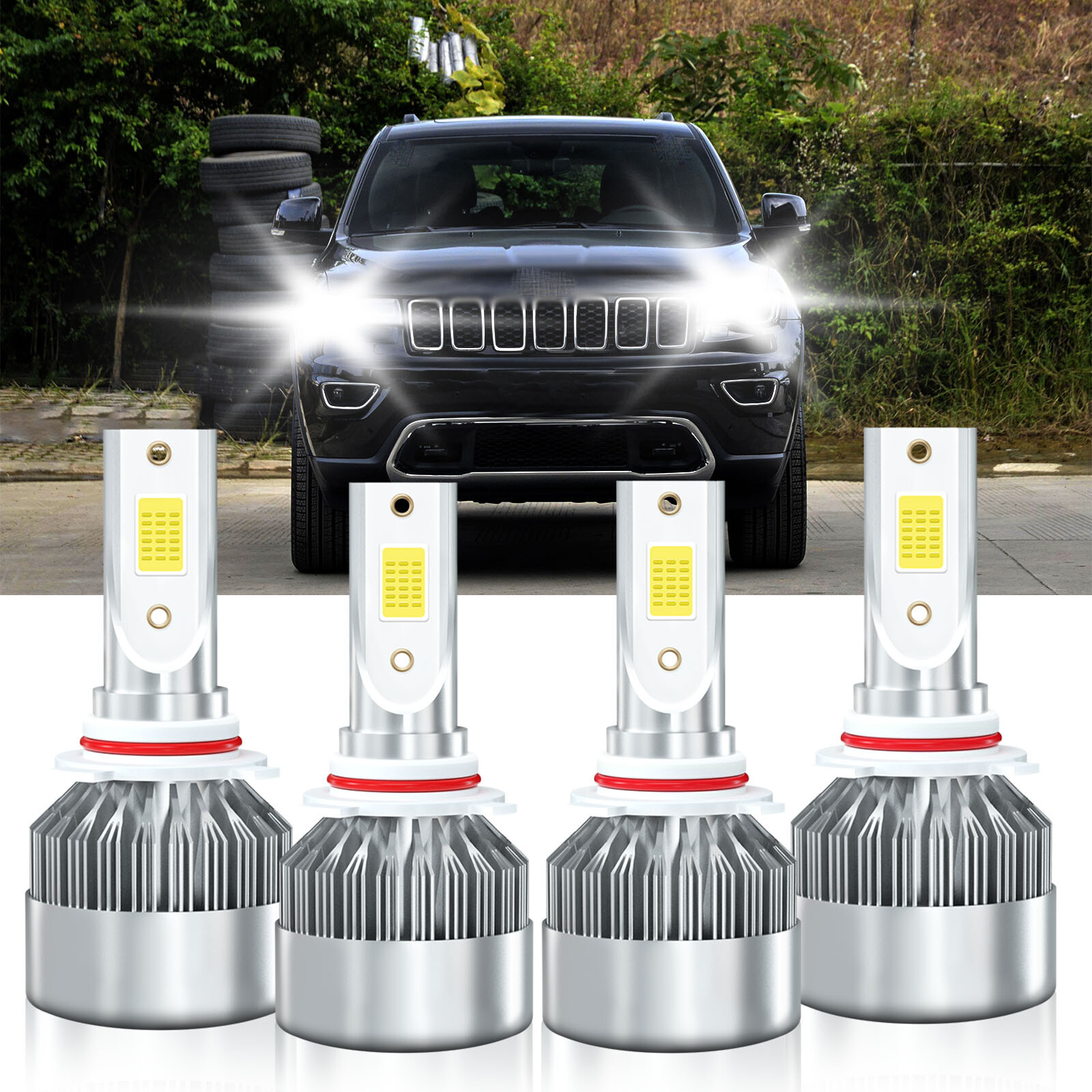 4-Pack 9005 LED Headlight Bulbs Kit 6000K High Low Beam for Jeep Cherokee 2016-2019