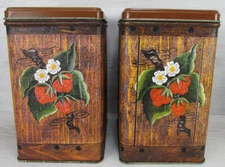 2 Vintage J.L. Clark Tin Canisters Woodgrain Strawberry Vine Blossoms 1970s