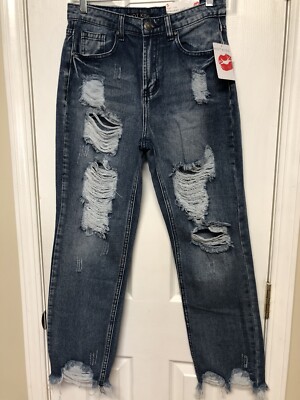 Hot Kiss Jeans Junior Size 5 High Rise Straight Leg Raw Hem DistressedDestroyed