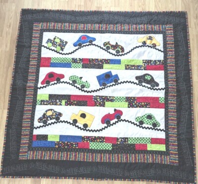 Quilt Bright Cars Trucks Black Border Beep Beep Around The Border 37.5x46