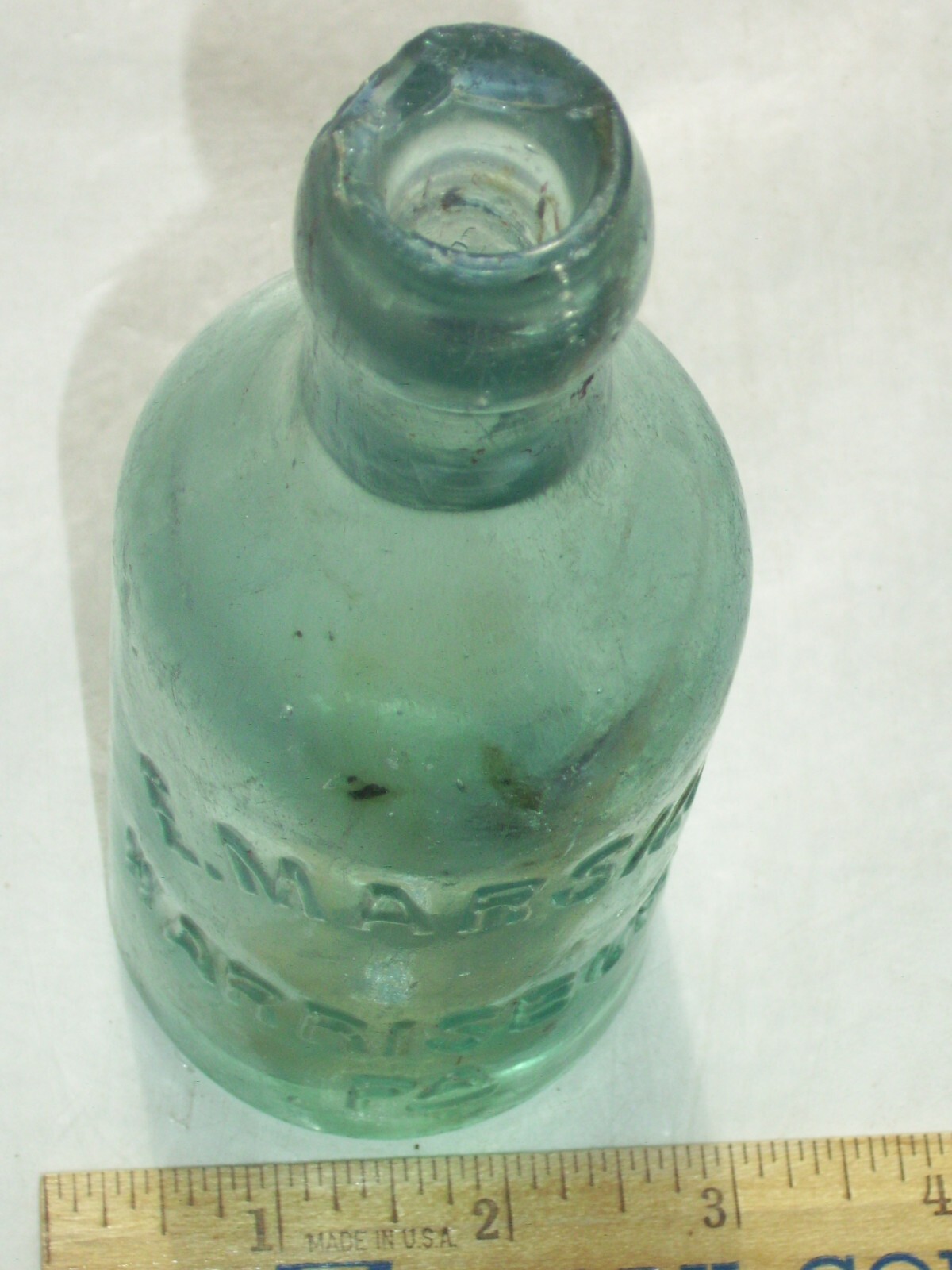 Vintage blue embossed  E. Marsili Harrisburg, Pa. affixed blob top glass bottle