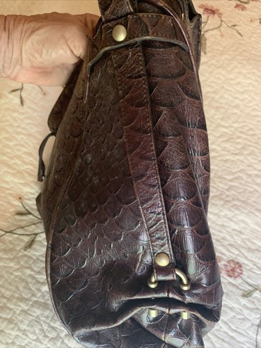 Charles David Handbag Women Brown Leather Fish Scale Embossed Purse Handbag - Picture 5 of 11