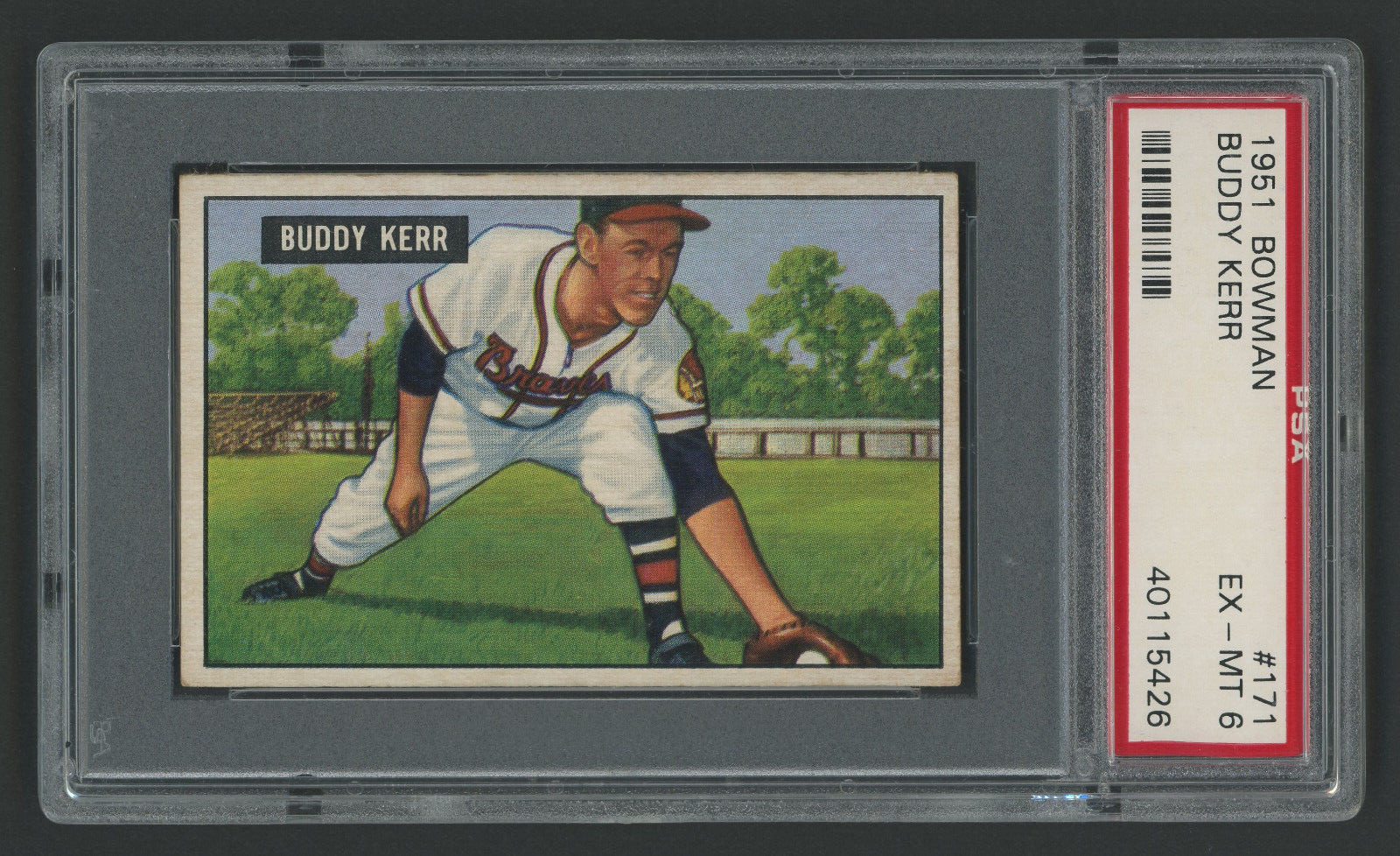 1951 Bowman #171 Buddy Kerr PSA 6 Boston Braves Vintage Baseball Card view 1