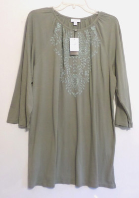 NWT -J JILL FLUTTER SLEEVE TUNIC-LG TALL-GREEN W BLUE EMBROIDERY-SOFT /PRETTY!