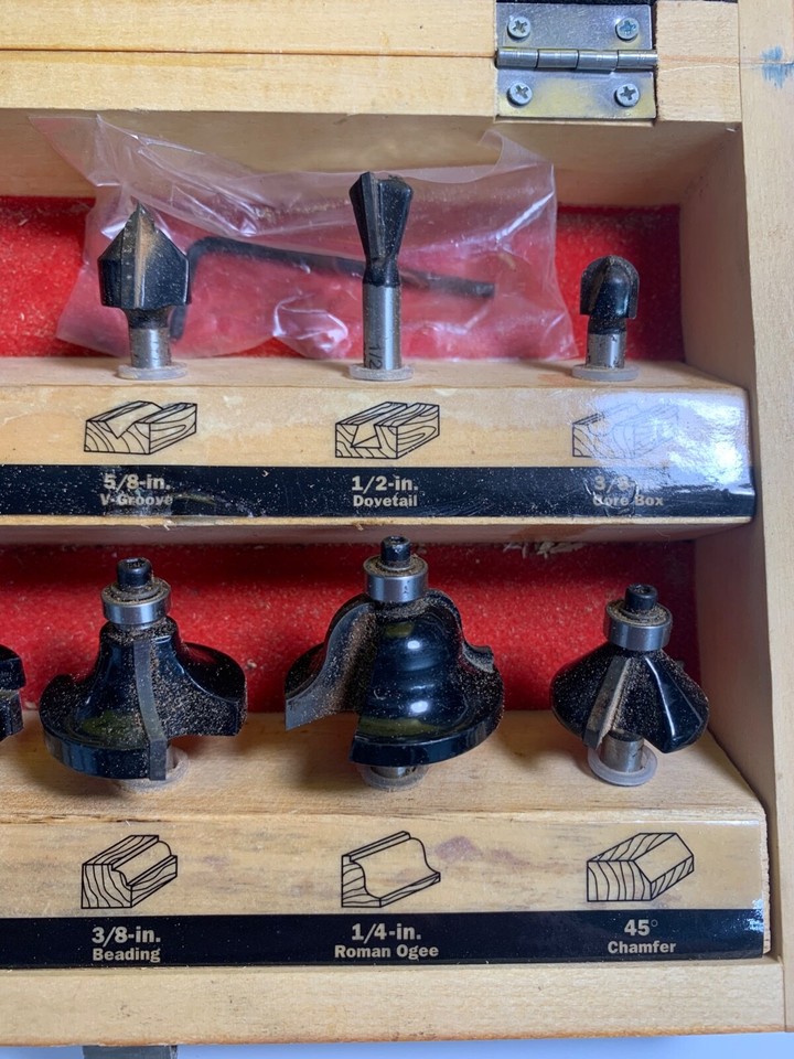 CRAFTSMAN 10 PIECE ROUTER BIT SET IN WOOD BOX -- CARBIDE TIPPED (READ ...