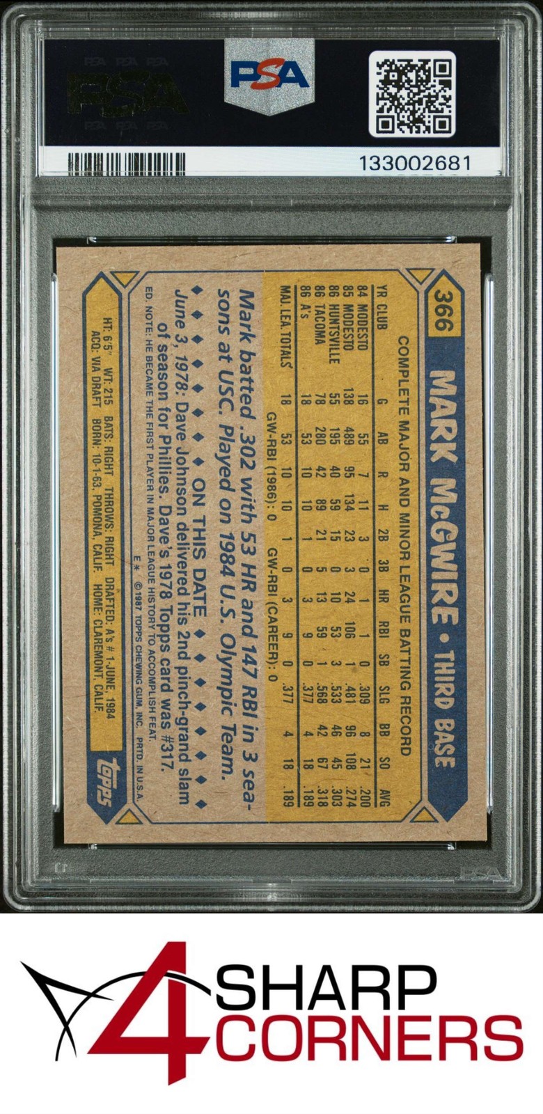 1987 TOPPS #366 MARK McGWIRE ATHLETICS PSA 10 view 2