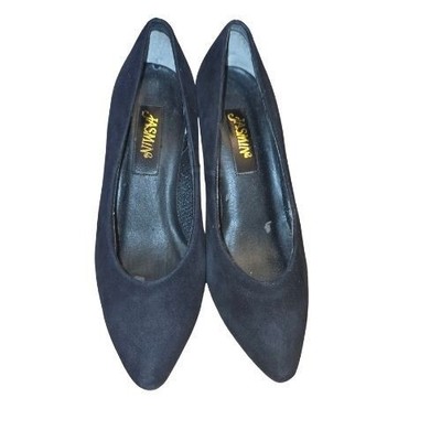 Vintage 90s Jasmin Womens5 Black Faux Suede Pointed Toe Pumps 2'' Kitten Heels