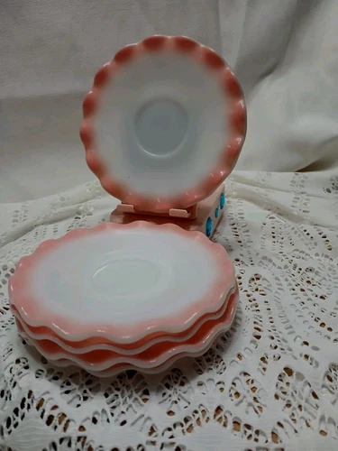 Vintage Saucers Crinoline Pink  5 Hazel Atlas  Ruffled Milk Glass 5" 1950