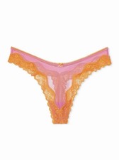 Victoria's Secret Tease Mesh Lace Trim High Leg Thong Panty Pink Orange M