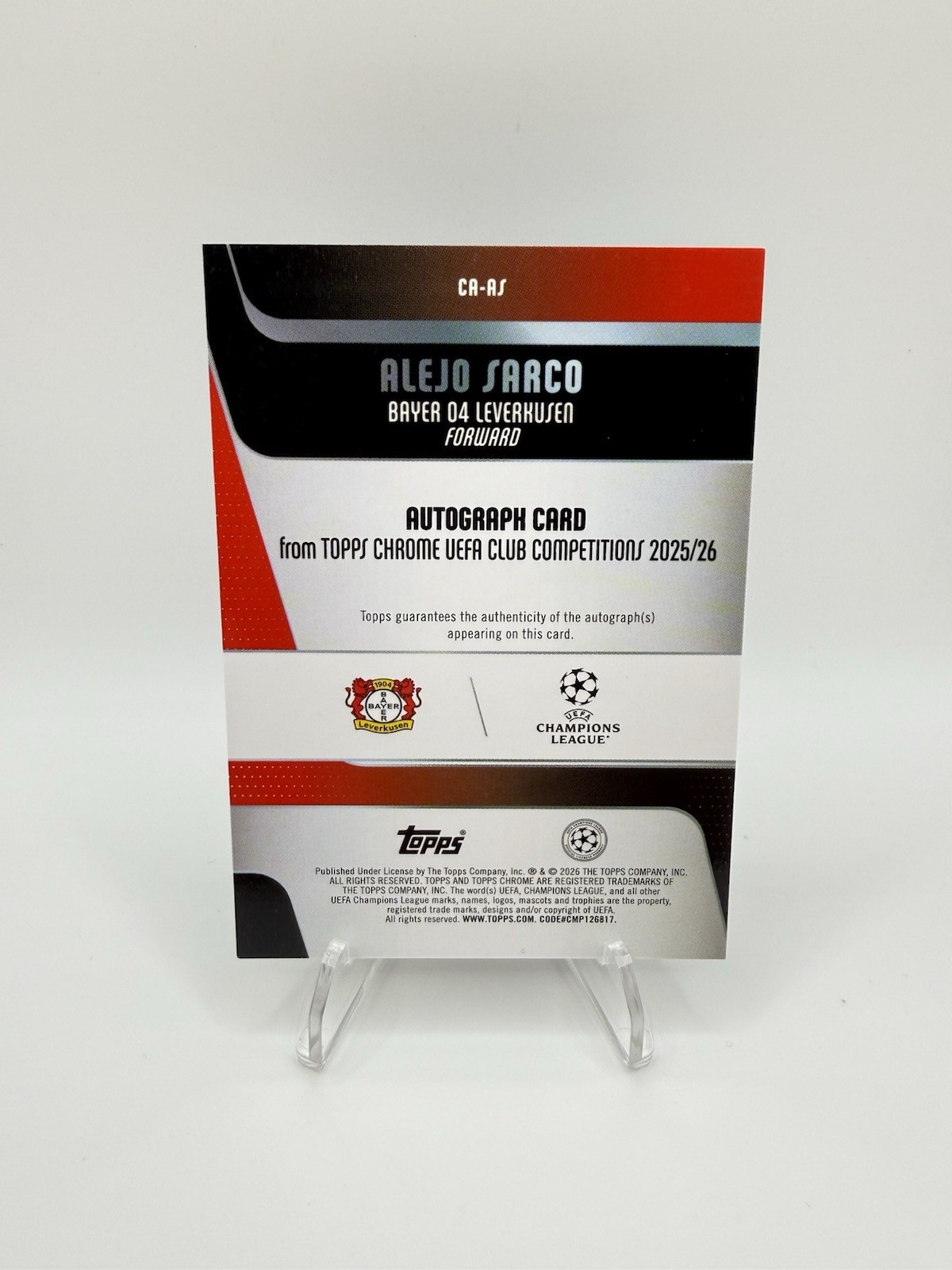 2025-26 Topps Chrome UEFA Alejo Sarco RC Auto Blue Refractor /150 Leverkusen view 2